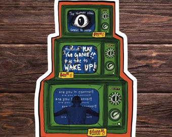 Retro tv-sticker, pop-art vinylsticker, kleurrijk geeky-decor, speels accessoire