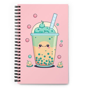 Cute Boba Bubble Tea Design Pink Spiral Notebook Journal Diary Planner