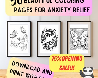 INSTANTDOWNLOAD 50 Beautiful Butterflies Coloring Pages For Anti-Anxiety and Stress Release