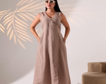 Neutral color linen dress-Handmade women's dress