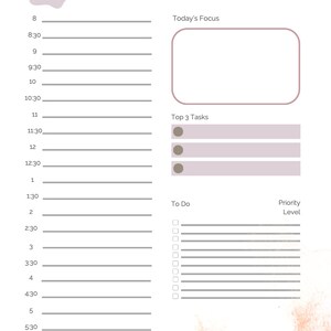 May include: A daily planner with a light brown background and a watercolor effect. The planner has a section for the date, today's focus, top 3 tasks, to do, and priority level. The planner is designed to help you stay organized and on track.
