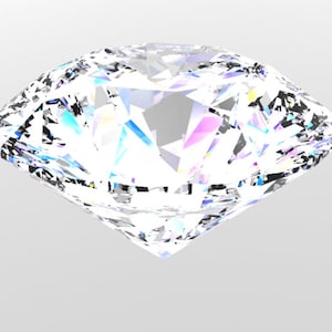 May include: A large, clear, round diamond with a brilliant cut. The diamond is reflecting light, creating a rainbow effect.