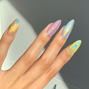 Faux ongles 3D Peint à la main "Crystal ball" ｜Qualité premium ｜Faux ongles Chrome, Cat eye, Multicolor
