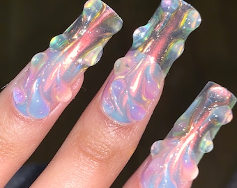 Hand Painted 'Crystal' Press On Nails｜Premium Gel Hand-Crafted Fake Nails • Luxury Nails • Nail Art • 3d wave texture nail art