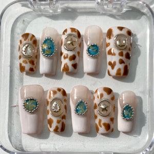 Faux ongles 3D Peint à la main "Cowboy Carter" ｜Qualité premium ｜Faux ongles inspirés de Cowboy Carter Beyoncé, Turquoise sculpter à la main
