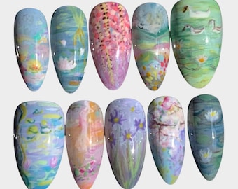 Hand painted Monet Inspired Press On Nails｜Premium Gel Hand-Crafted Fake Nails • Luxury Nails •