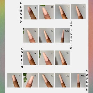 May include: A guide showcasing various nail shapes and sizes, including almond, stiletto, coffin, square, round, and duck, in XS, S, M, L, and XL sizes. The nails are a light pink colour. The text "@333alanailz | made in france" is at the bottom.