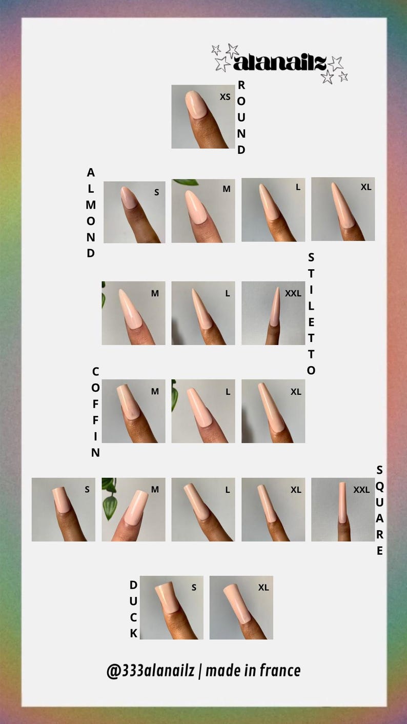 May include: A guide showcasing various nail shapes and sizes, including almond, stiletto, coffin, square, round, and duck, in XS, S, M, L, and XL sizes. The nails are a light pink colour. The text "@333alanailz | made in france" is at the bottom.