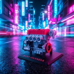 May include: A detailed model of a K20 Honda engine, featuring a red valve cover and accents, set against a neon-lit cityscape. The engine sits on a black base with "K20 HONDA" text. The background has vibrant pink and blue hues.
