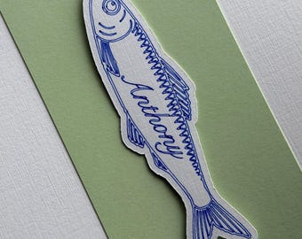 Sardine Fish Wedding Placecards - Seating Cards, Table Cards, Personalized, Blue, Unique