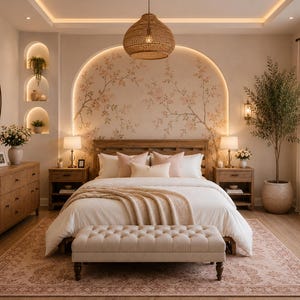 Op de afbeelding: Een slaapkamer met een houten bedframe, wit beddengoed en een beige gecapitonneerde bank aan het voeteneinde. De muur achter het bed heeft een grote boogvormige nis met bloemenbehang, verlicht door verborgen verlichting, en drie kleinere wandnissen.