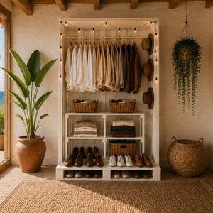 May include: A white wooden open closet unit featuring a hanging rod with white, beige, and brown shirts, two shelves with folded garments in wicker baskets, and multiple pairs of brown leather shoes and white sneakers arranged on the lower levels.