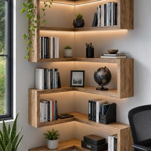 Peut inclure: Une étagère d'angle en bois à plusieurs niveaux avec éclairage LED intégré. Les étagères contiennent divers livres, un globe, de petites plantes en pot et des boîtes décoratives. Une plante verte retombante orne l'étagère supérieure.
