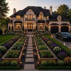 May include: A two-story stone house with a dark roof and black window frames, featuring a symmetrical facade, a central arched entryway, and a two-car garage. A black sports car is parked on the paved driveway next to a formal garden path.