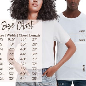 May include: Size chart for a unisex jersey t-shirt. The chart shows the size, width, chest, and length in inches. The sizes range from XS to 5XL.