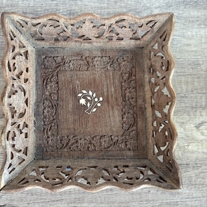 Carved Decorative Wood Tray Basket
