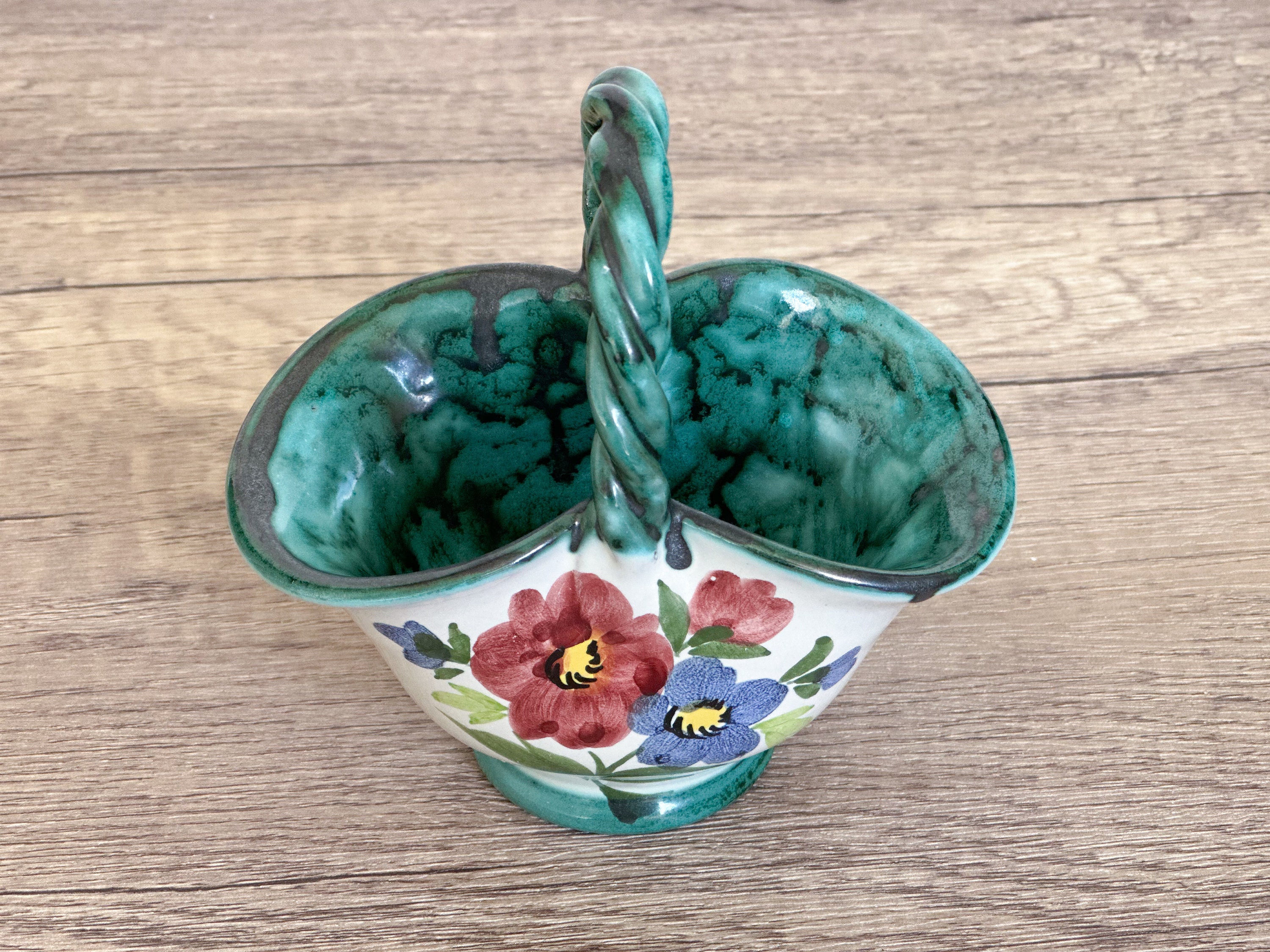 ヴィンテージ イタリア ハンドペイント 花柄 陶器 バスケット - 小物