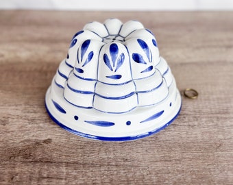 Italian Ceramic Bundt Mold - Vintage Hand Painted Blue and White Cake Mould