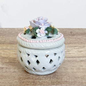 Vintage Porcelain Trinket Box - Lattice Trinket Dish - Ring Box