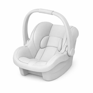 Op de afbeelding: Een witte baby autostoel met een gebogen handvat. De stoel heeft een gewatteerd interieur, een hoofdsteun en een veiligheidsharnas. De autostoel is lichtgewicht en draagbaar.