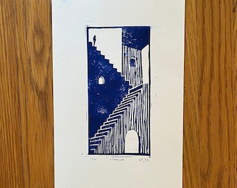 Stamina. Original linocut in blue. Handmade & handprinted linocut print.