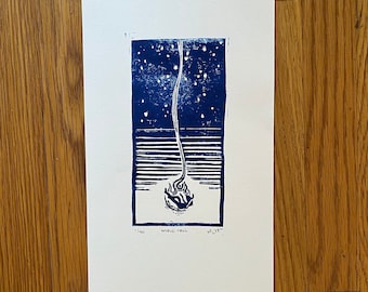 World Fall. Original linocut in blue. Handmade & handprinted linocut print.