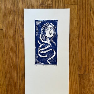 Valkyrie. Original linocut in blue. Handmade & handprinted linocut print.