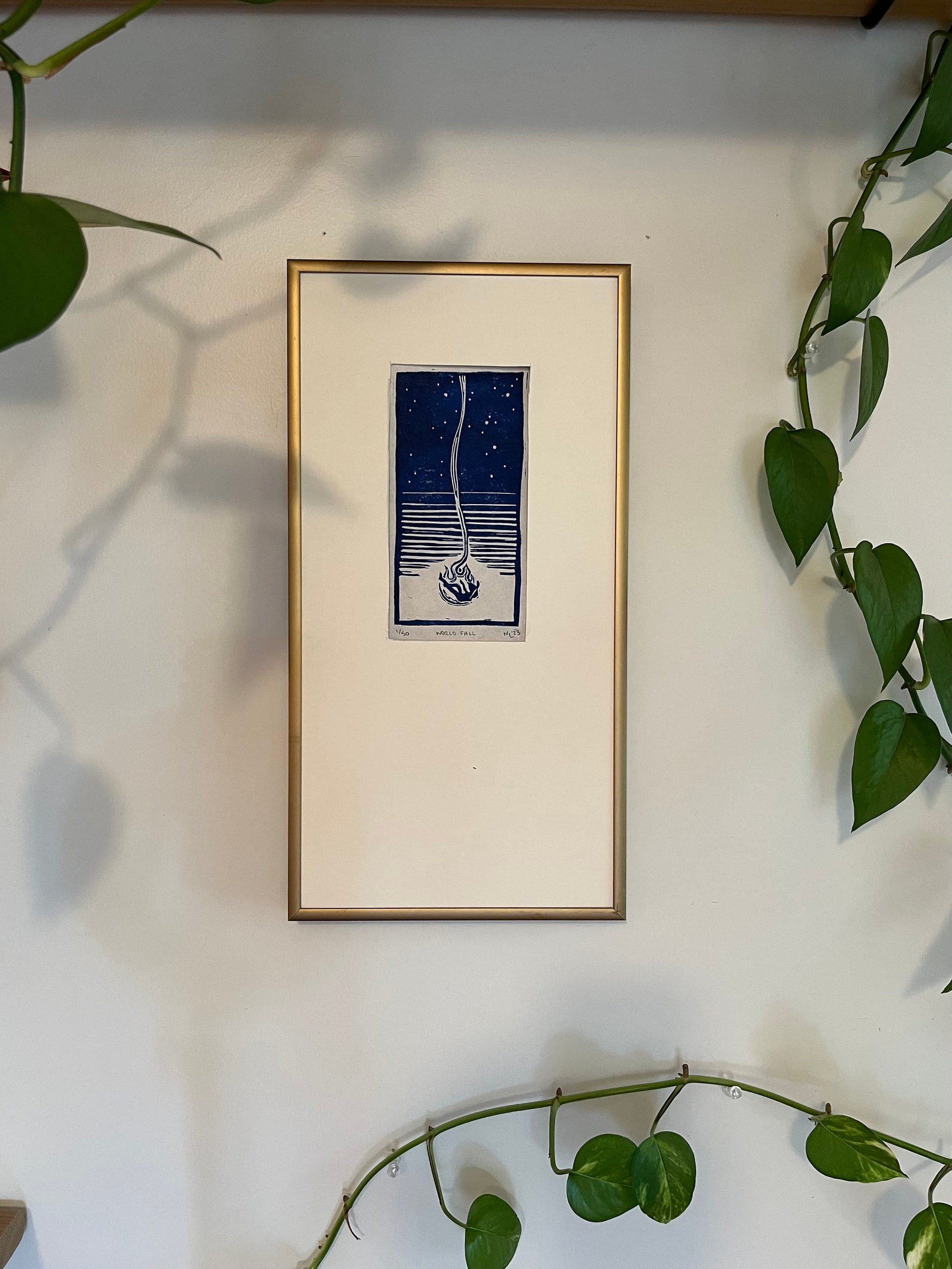 World Fall. Original Linocut in Blue. Handmade & Handprinted Linocut ...