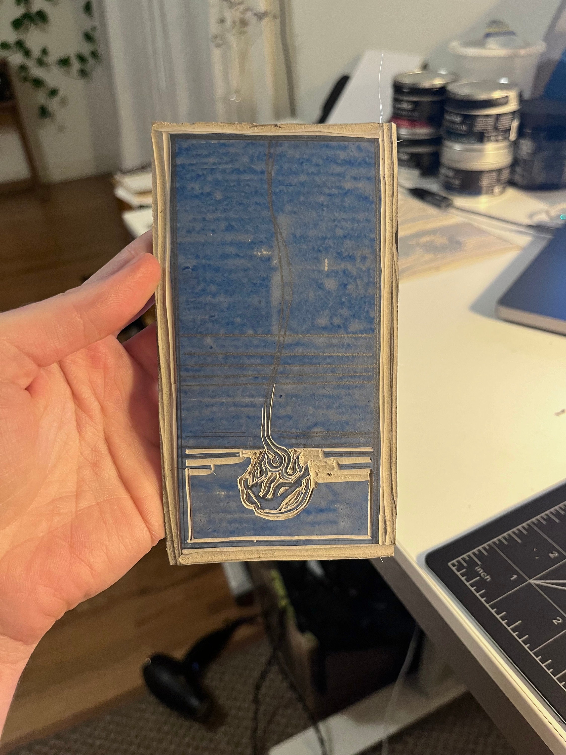 World Fall. Original Linocut in Blue. Handmade & Handprinted Linocut ...