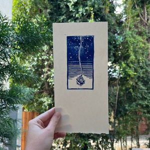 World Fall. Original Linocut in Blue. Handmade & Handprinted Linocut ...