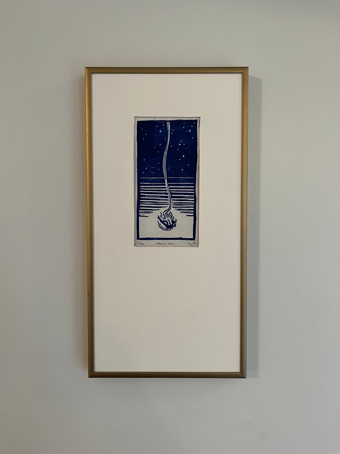 World Fall. Original Linocut in Blue. Handmade & Handprinted Linocut ...