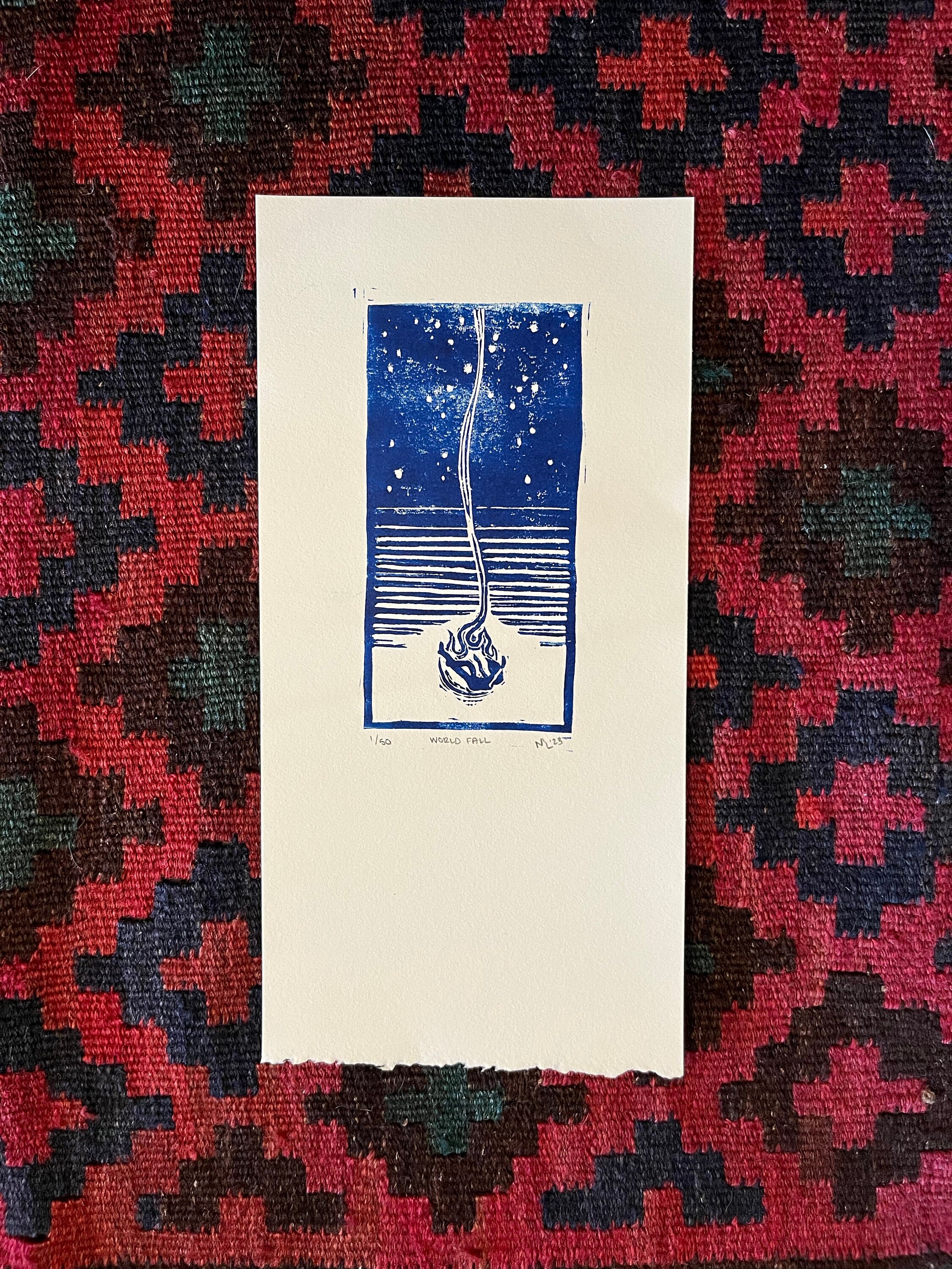 World Fall. Original Linocut in Blue. Handmade & Handprinted Linocut ...
