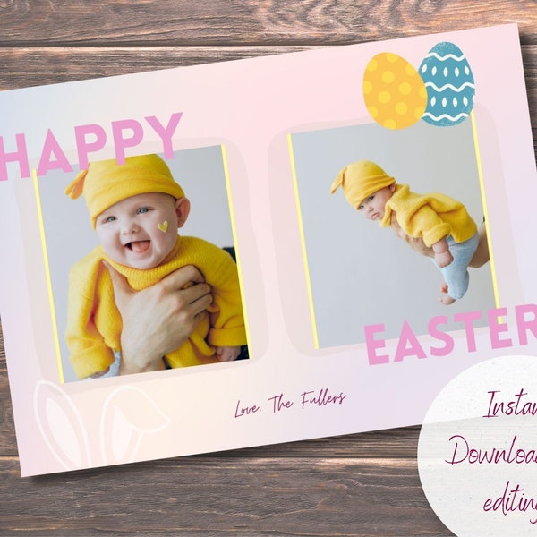 Easter family photo editable printable card, personalized card with kids, family, friends, baby photoshoot, bunny, eggs. 5x7 DIY