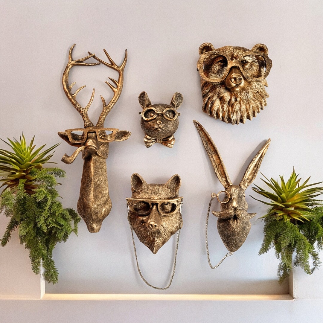 Bronze Animal Head Figurine, Animals Wall Decor, Deer Head Wall Hanging ...
