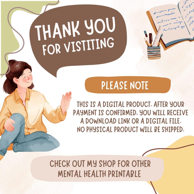 May include: An illustration with the text "THANK YOU FOR VISITING" in a brown speech bubble. A woman is waving, and text below states this is a digital product. The image promotes mental health printables.