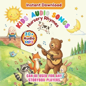 May include: A colorful illustration for children's audio songs. The image features a sun, moon, and various animals, including a bear playing guitar, a fox singing, and a rabbit reading. Text includes "KIDS AUDIO SONGS Nursery Rhymes" and "30+ Audio MP3".