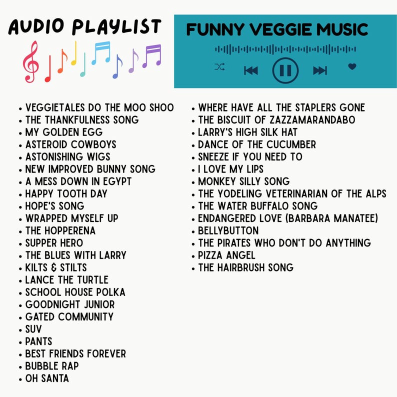 May include: A white background features a list of songs under the title "AUDIO PLAYLIST" and "FUNNY VEGGIE MUSIC." Colorful musical notes and a play button graphic are at the top. Song titles include "VeggieTales Do The Moo Shoo" and "Where Have All The Staplers Gone."