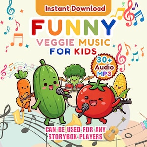 Puede incluir: Una colorida ilustración digital que promociona "FUNNY VEGGIE MUSIC FOR KIDS". La imagen presenta verduras de dibujos animados tocando instrumentos musicales, incluyendo una zanahoria con una guitarra, un pepino con un micrófono y un tomate cantando. El texto incluye "Descarga instantánea" y "30+ Audio MP3".