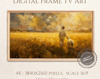 May include: Digital frame TV art print featuring a pastoral scene of a figure in a robe walking with a sheep through a golden field under a dramatic sky. The artwork is framed in a light wood border. Text includes "DIGITAL FRAME TV ART" and "HIGH QUALITY".