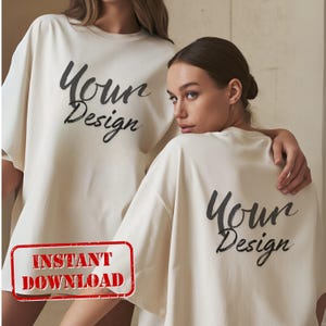 Beige T-Shirt Mockup, Front and Back, Bella Canvas 3001 Natural, Dual View Natural Tee Mockup, Comfort Fit, Front Back View Split Mock-up