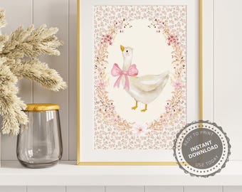 Pink Bow Goose Print: Coquette Nursery Wall Art, Classroom Decor Calming Corner
