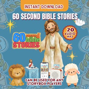Puede incluir: Ilustración para "60 Second Bible Stories" con Jesús, un león, un cordero y una paloma. La imagen incluye el texto "Descarga instantánea", "20 Audio MP3" y "Se puede usar para cualquier reproductor Storybox."