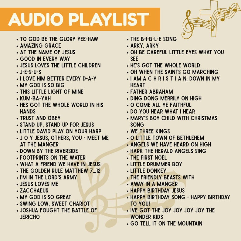 May include: An orange and white graphic lists songs for an audio playlist. The title "AUDIO PLAYLIST" is at the top. The list includes titles like "Amazing Grace," "Jesus Loves Me," and "Happy Birthday Jesus."