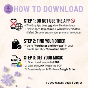 May include: A lilac-colored graphic with instructions on how to download files from Etsy. The text includes steps to avoid using the Etsy app and to find the order in "Purchases and Reviews". The image also includes the Bloommindsstudio logo.