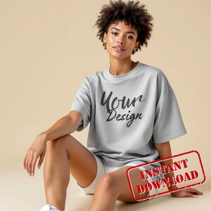 Tshirt Gray Mockup | Gray T-shirt Oversize Mockup | Real Model Mock | Gildan Simple Tee | Minimal Neutral Boho Aesthetic Shirt