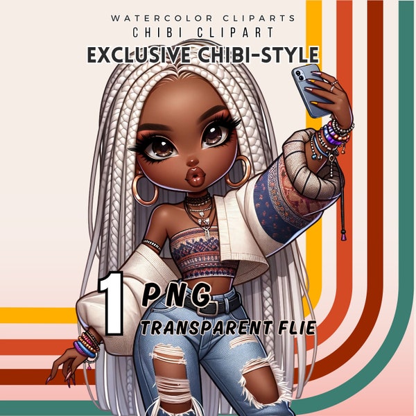 Exclusive Chibi-Style Fashion Clipart - African American Chibi ,Commercial Use PNG, Digital Art, Stylish Avatar,Trendy Social Media Graphics