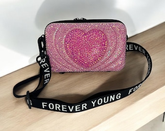 Square Heart Box Crossbody Bag – Pink Rhinestone Bling Fashion Purse for Lipstick & Phone
