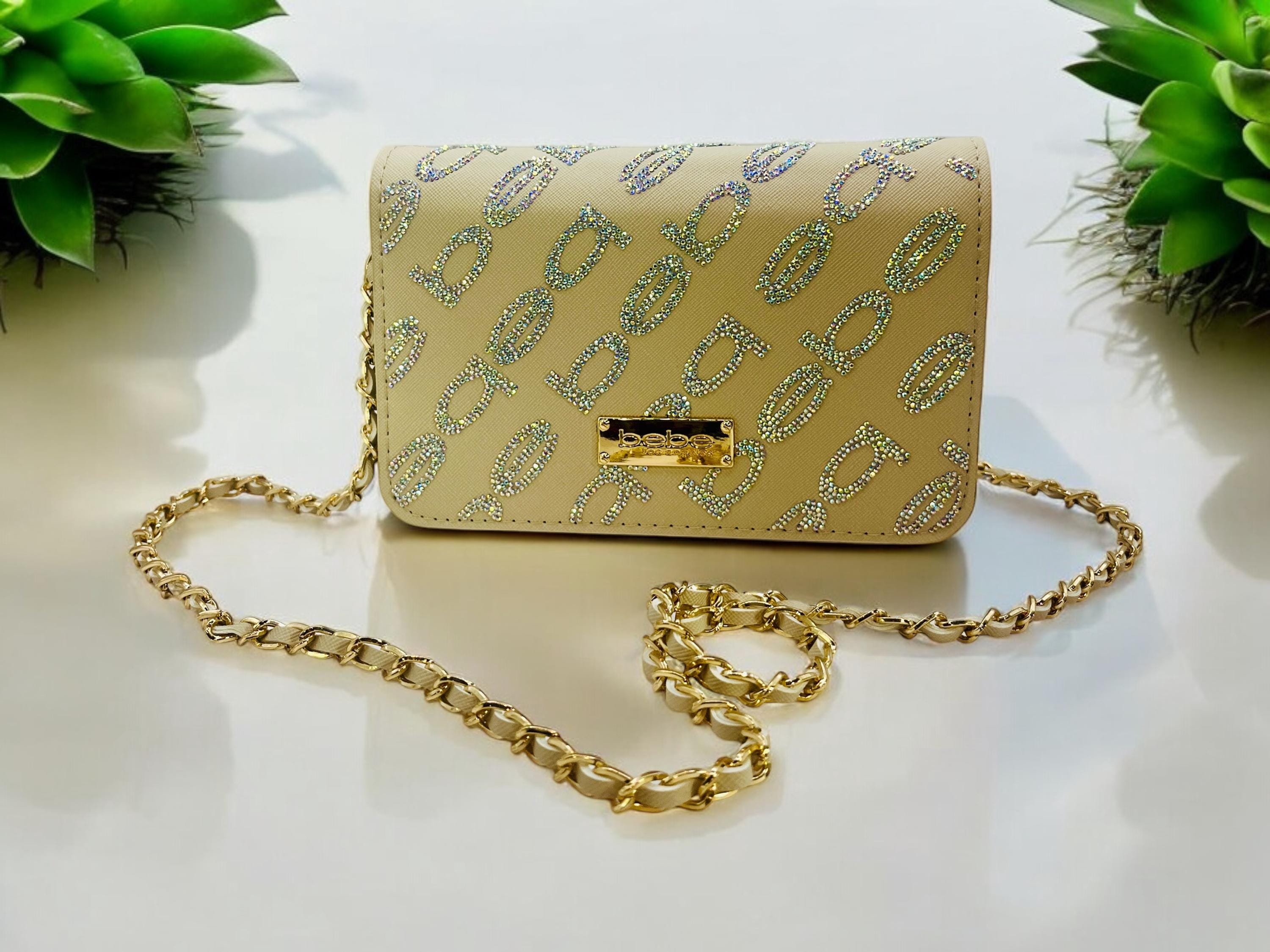 BEBE Crossbody Purse - Bone Color, Rhinestone Bebe Logo