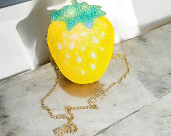 Strawberry Bling Crossbody Bag  Yellow Rhinestone Purse with Gold Chain