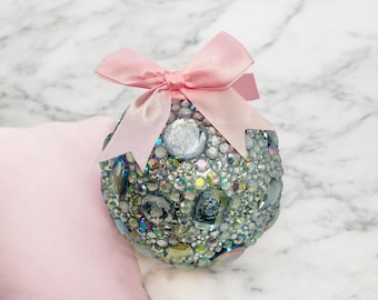 Large Crystal Bling Ornament with Pink Bow – Luxury Glam Christmas Decor